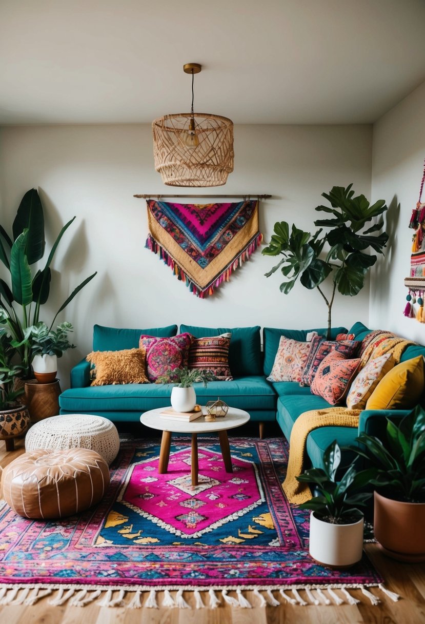 A boho living room with colorful rugs, low seating, plants, and eclectic decor