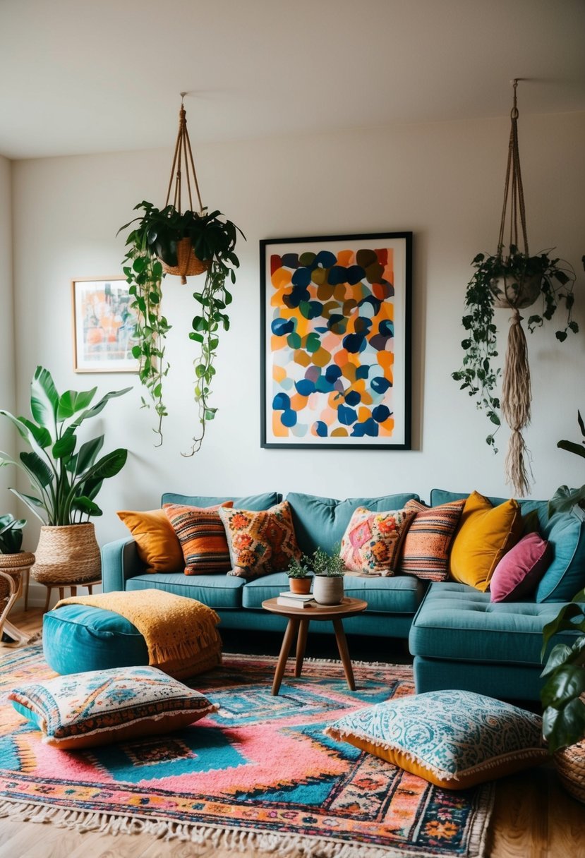 A cozy bohemian living room with colorful rugs, floor cushions, hanging plants, and eclectic artwork