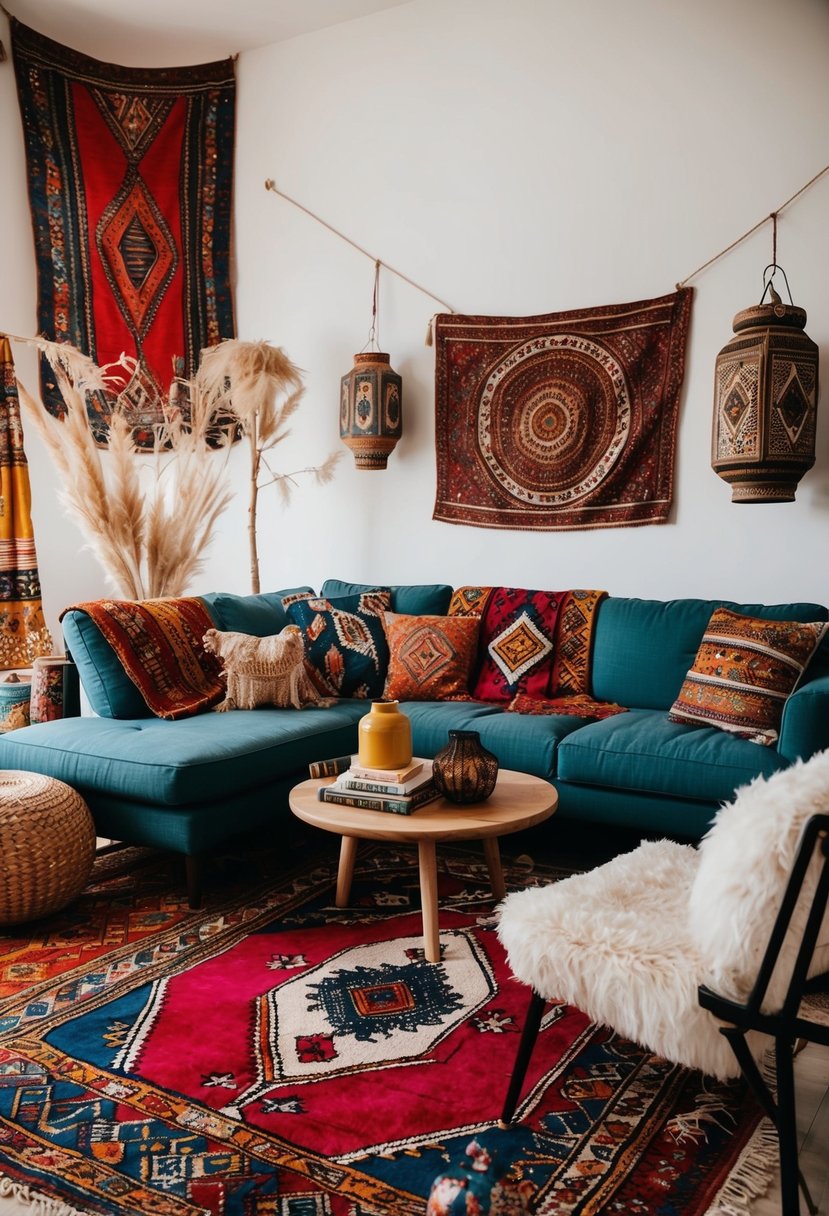 A cozy boho living room adorned with eclectic items from around the globe: a Moroccan rug, Indian tapestries, Turkish lanterns, and African art