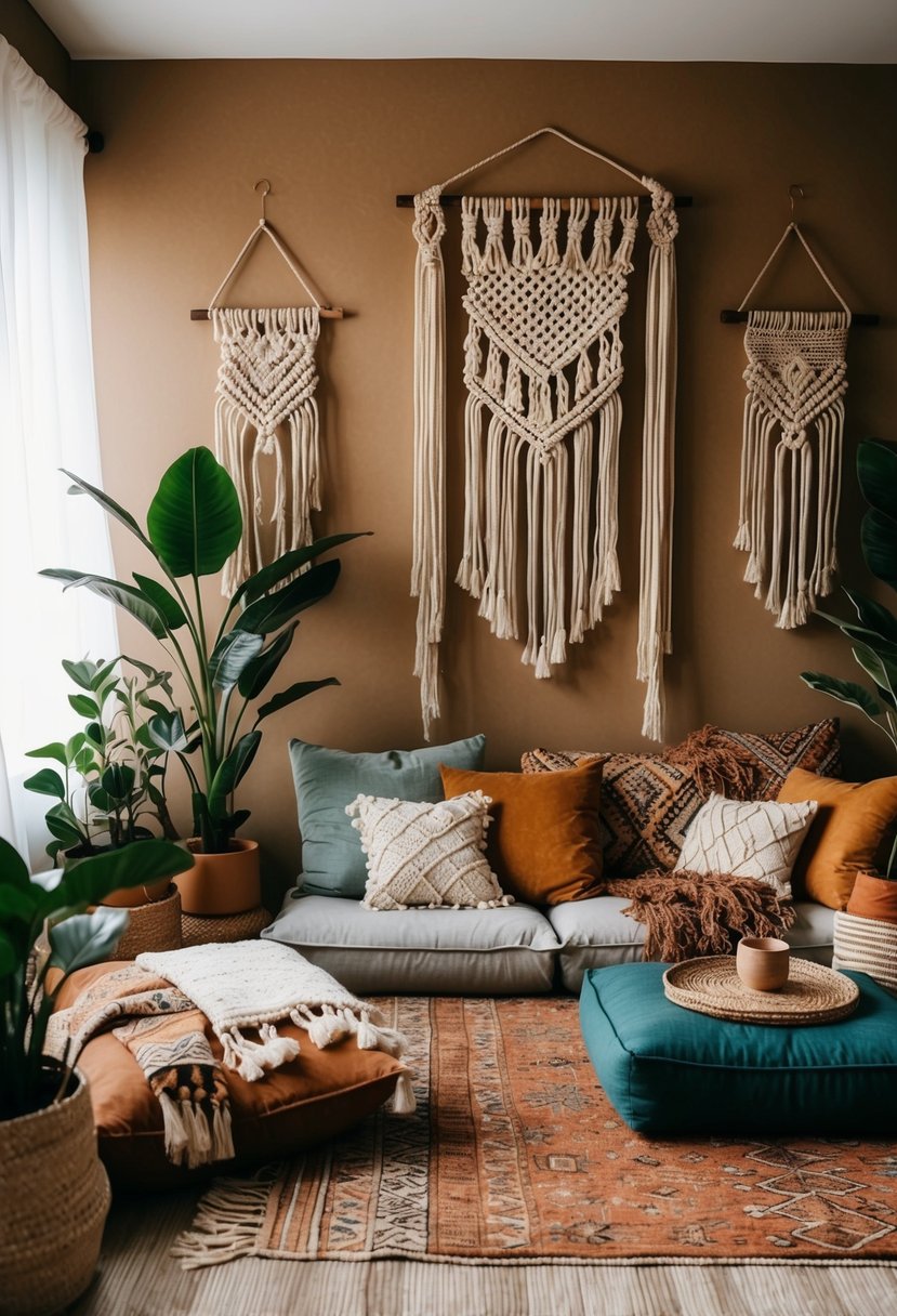 A cozy boho living room with layered rugs, low seating, macramé wall hangings, and plenty of indoor plants. Warm earthy tones and eclectic patterns create a relaxed and inviting atmosphere