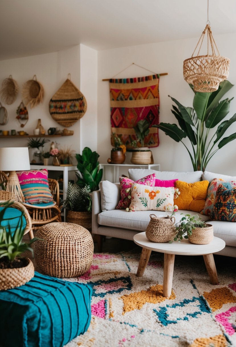 A cozy bohemian living room with eclectic furniture, colorful textiles, and natural elements like plants and woven accessories