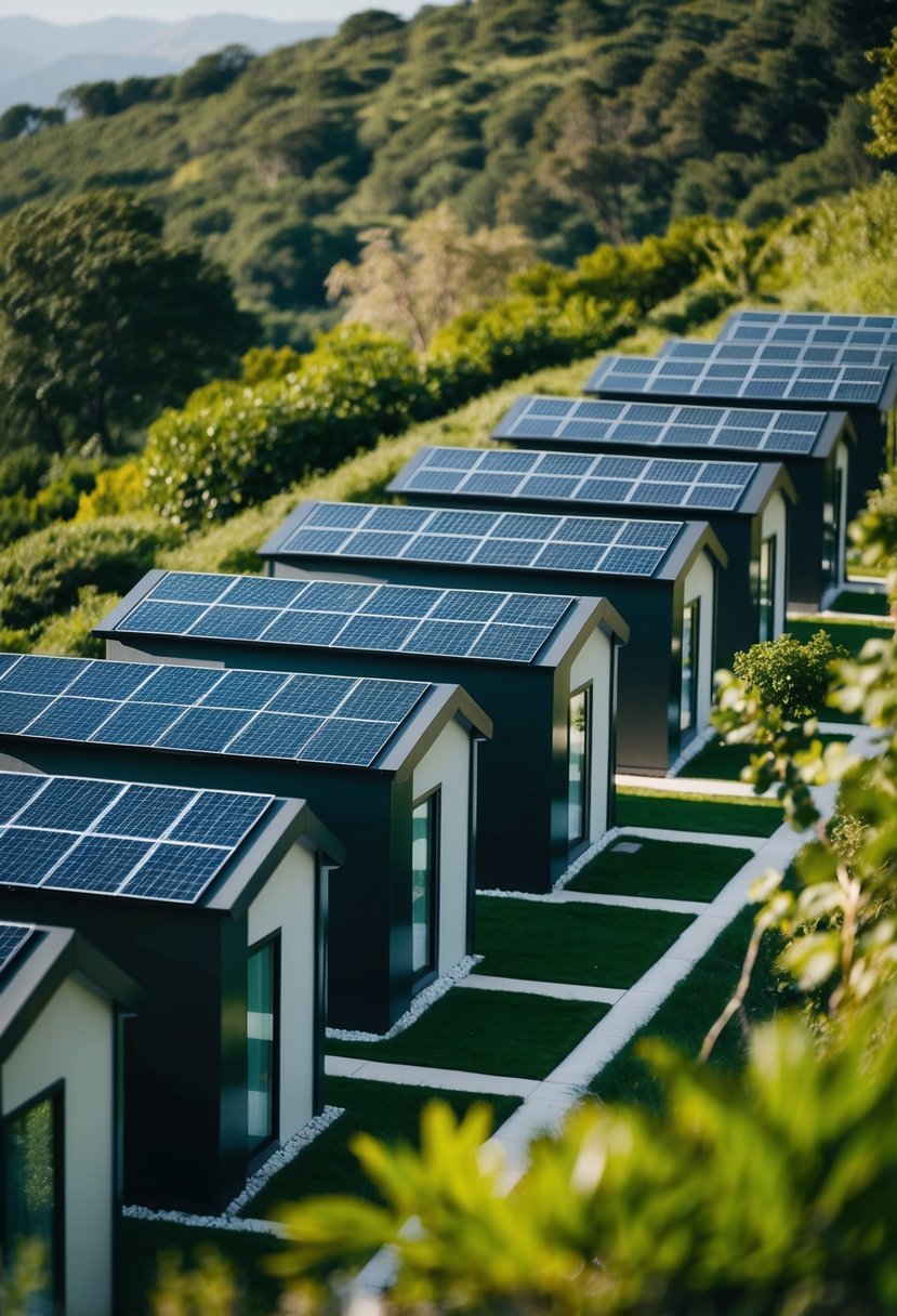 A row of small, sleek homes nestled in a lush, green landscape, with solar panels on the roofs and futuristic design elements