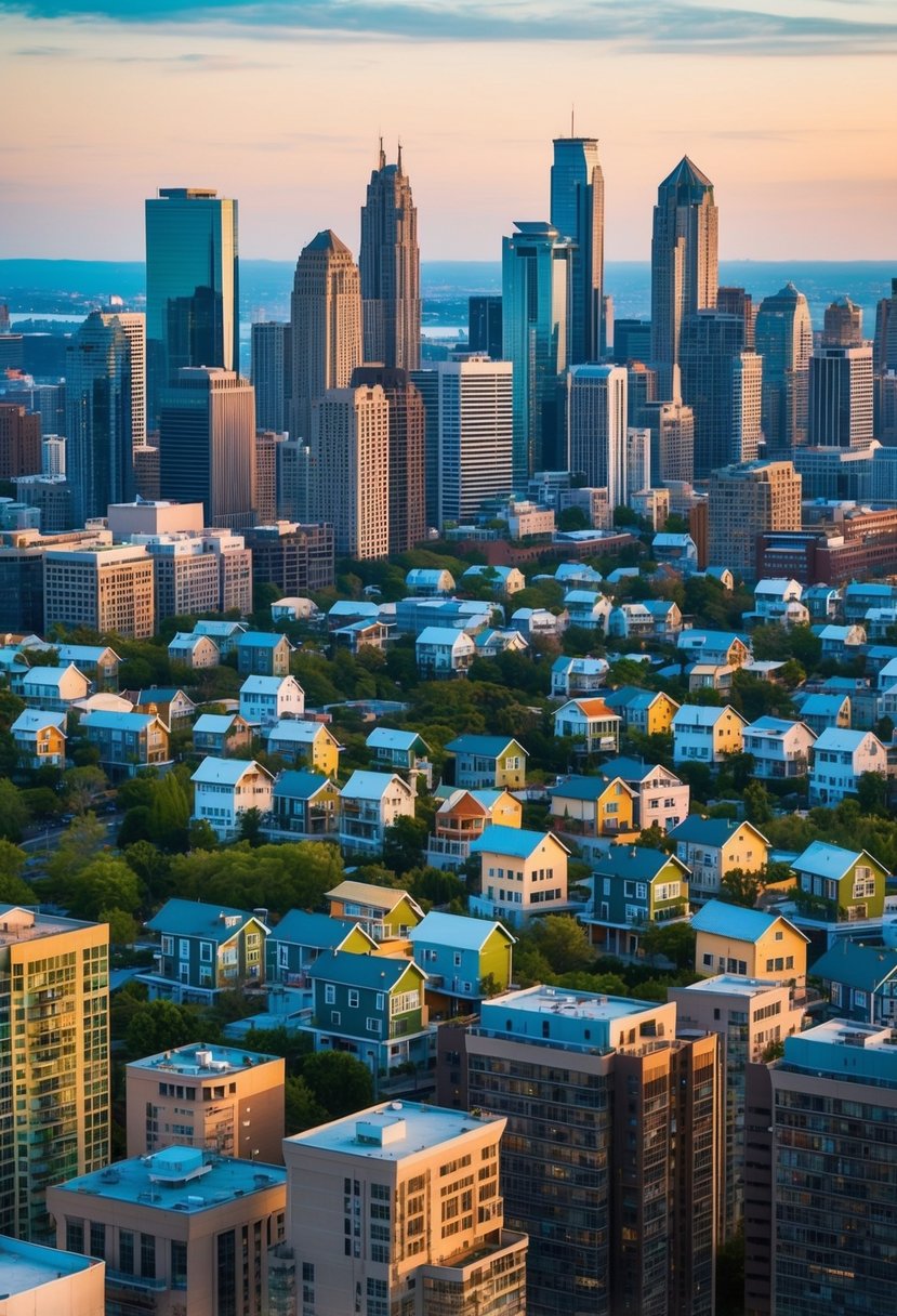 A bustling city skyline with clusters of small, eco-friendly homes nestled among the towering buildings, showcasing the cultural impact of the tiny living movement