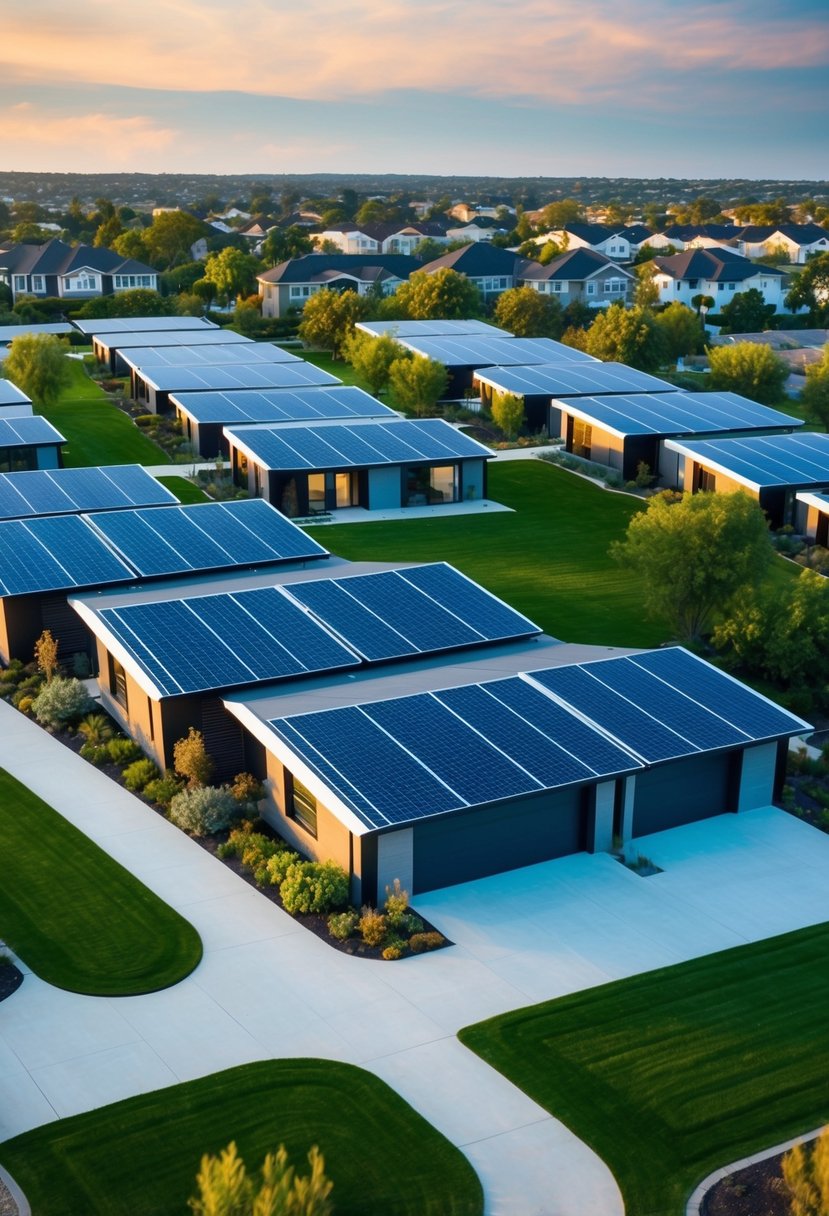 Elon Musk's affordable homes: a futuristic, eco-friendly neighborhood with sleek, solar-paneled houses and lush green spaces