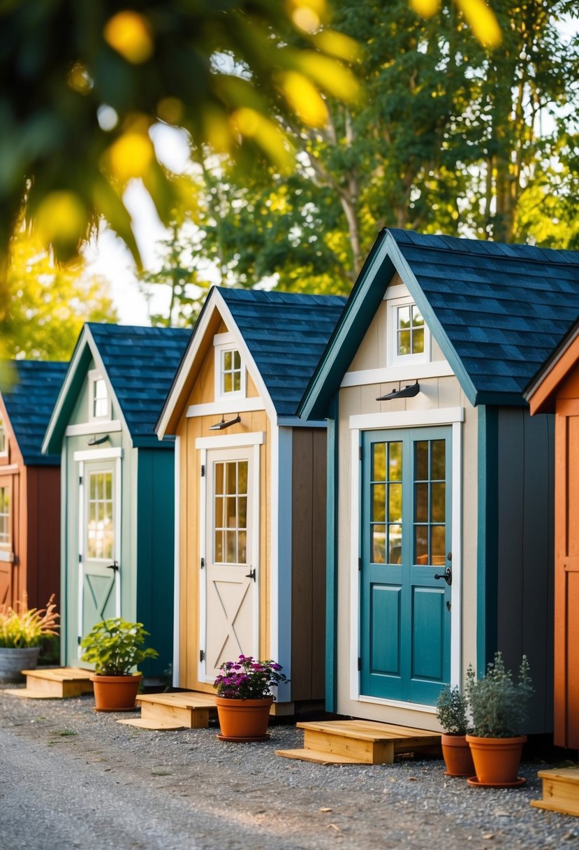 Sheds transformed into cozy tiny houses with windows, doors, and potted plants outside