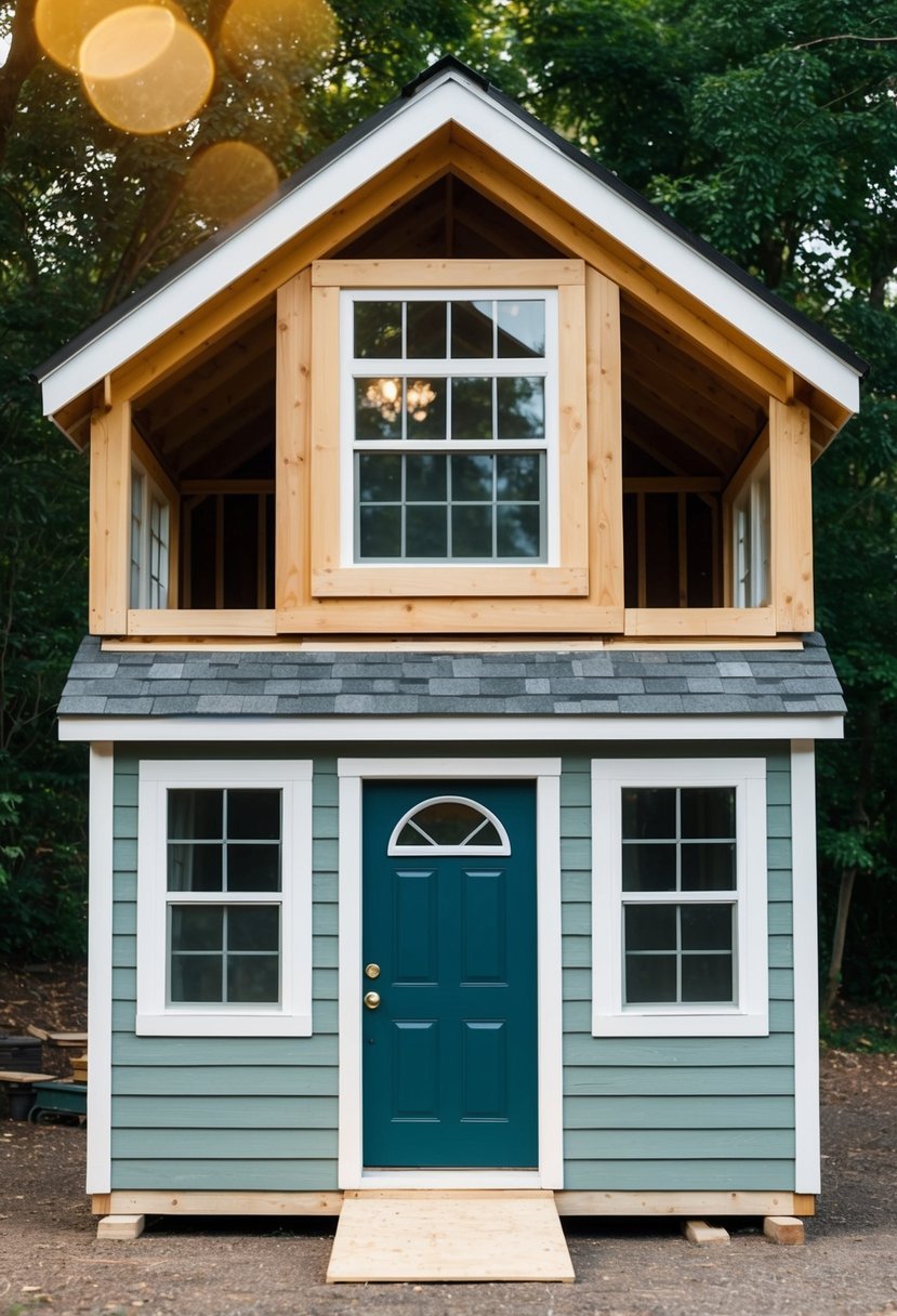 A small shed being transformed into a cozy tiny house with added windows, a front door, and a pitched roof