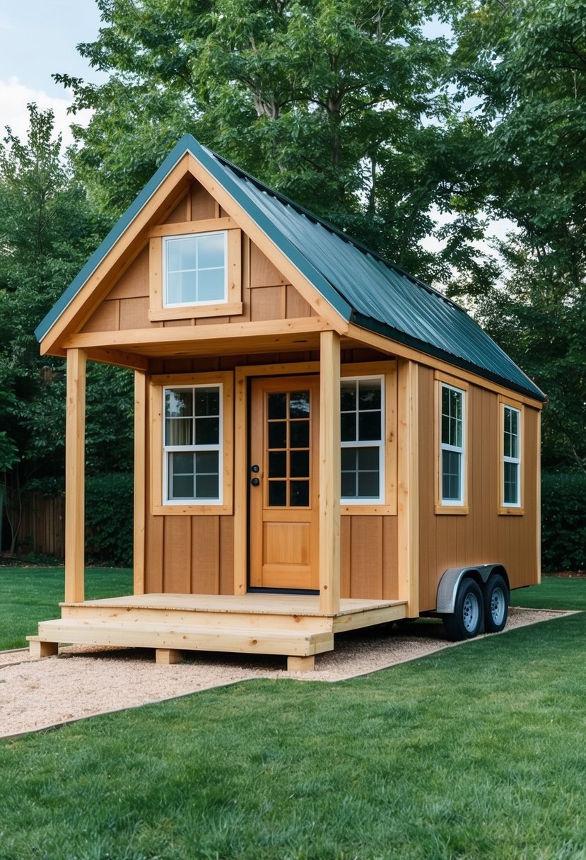 A 12x24 shed transformed into a cozy tiny house, complete with a front porch, large windows, and a sloped roof