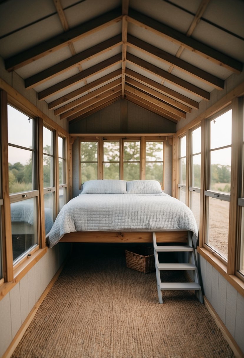 A cozy shed with large windows, a small porch, and a loft bed inside