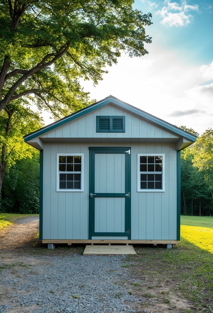 A 12x36 shed with windows, a door, and a small porch, surrounded by trees and a gravel path leading up to it