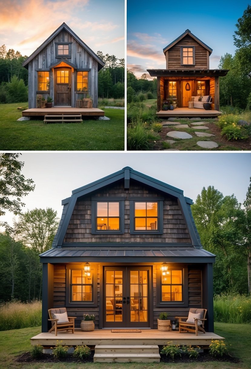 Old cabin sheds transformed into charming tiny homes. Rustic exteriors with cozy interiors, surrounded by nature