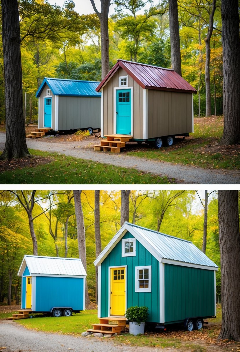 Small storage sheds transformed into cozy, colorful tiny houses nestled among trees in a serene, rustic setting