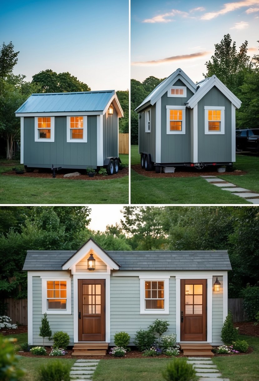 Storage sheds transformed into cozy tiny homes with windows, doors, and small gardens surrounding them