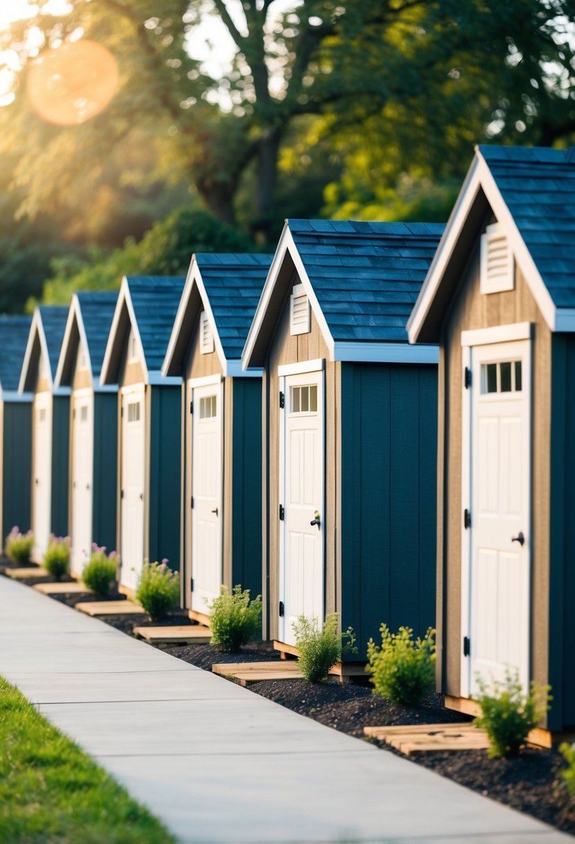 A row of storage sheds converted into cozy tiny houses with windows, doors, and small gardens outside