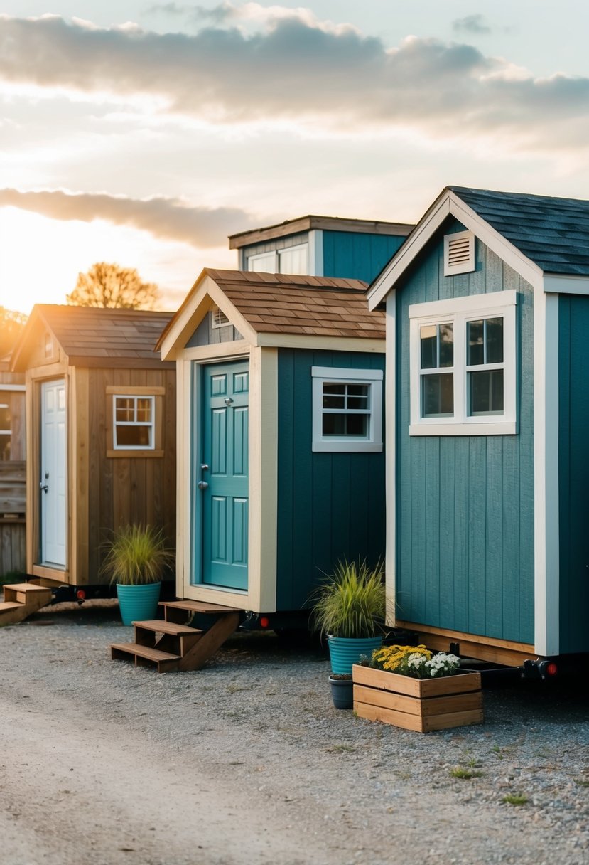 Old storage sheds transformed into cozy tiny homes, with windows, doors, and potted plants outside