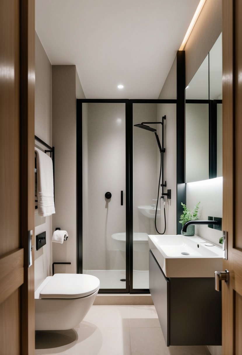 A cozy, minimalist bathroom with a sleek, space-saving design. A compact sink, a small shower stall, and clever storage solutions maximize the limited space