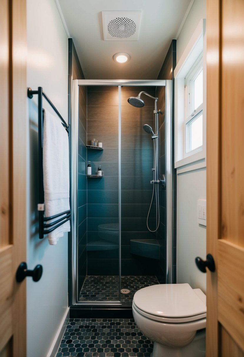 A compact shower stall nestled in a cozy corner of a tiny home bathroom, with sleek fixtures and modern design