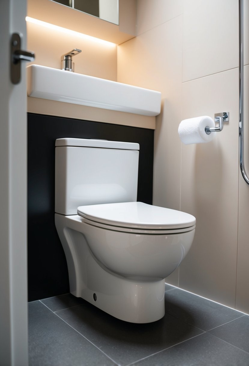 A compact toilet tucked under a sleek, wall-mounted sink in a small, modern bathroom with space-saving design features