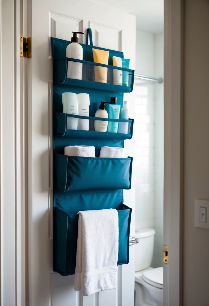 An over-the-door storage unit filled with toiletries and towels in a small, minimalist bathroom