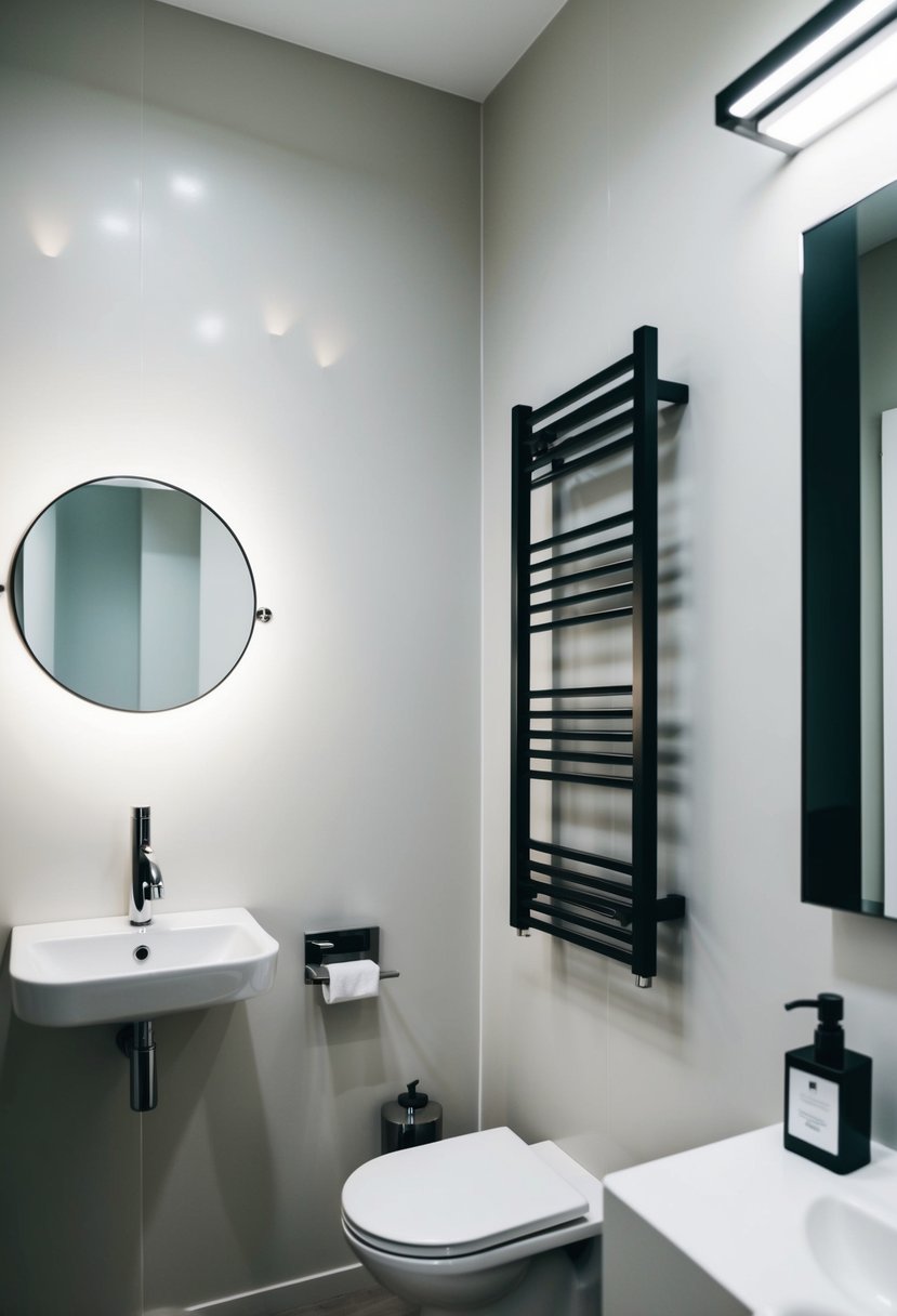 A small bathroom with a vertical towel rack mounted on the wall, alongside minimalist decor and compact fixtures