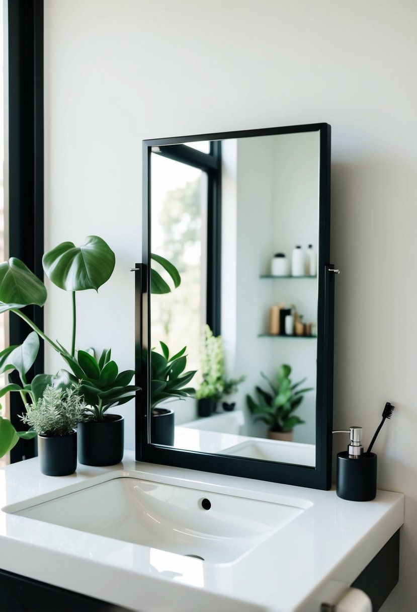 A foldable vanity mirror reflects a minimalist bathroom with natural light, plants, and sleek storage solutions