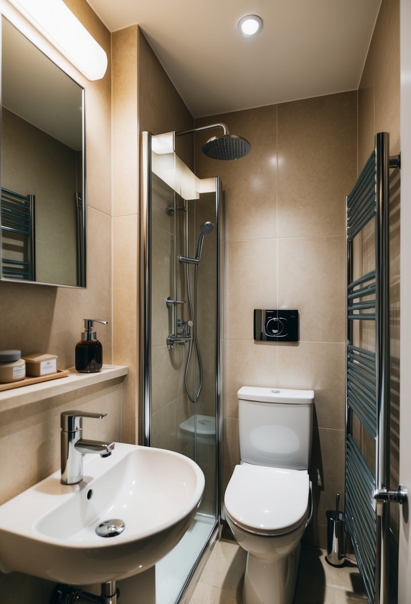 A cozy small bathroom with a space-saving corner sink, a compact toilet, a standing shower, and clever storage solutions