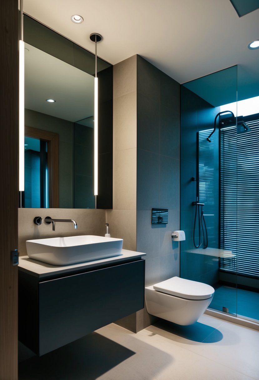 A modern, minimalist bathroom with sleek fixtures and innovative lighting solutions