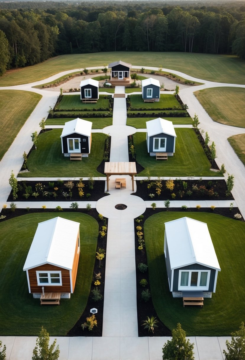 Aerial view of 5 tiny homes arranged in a community layout with communal garden, walking paths, and central gathering space