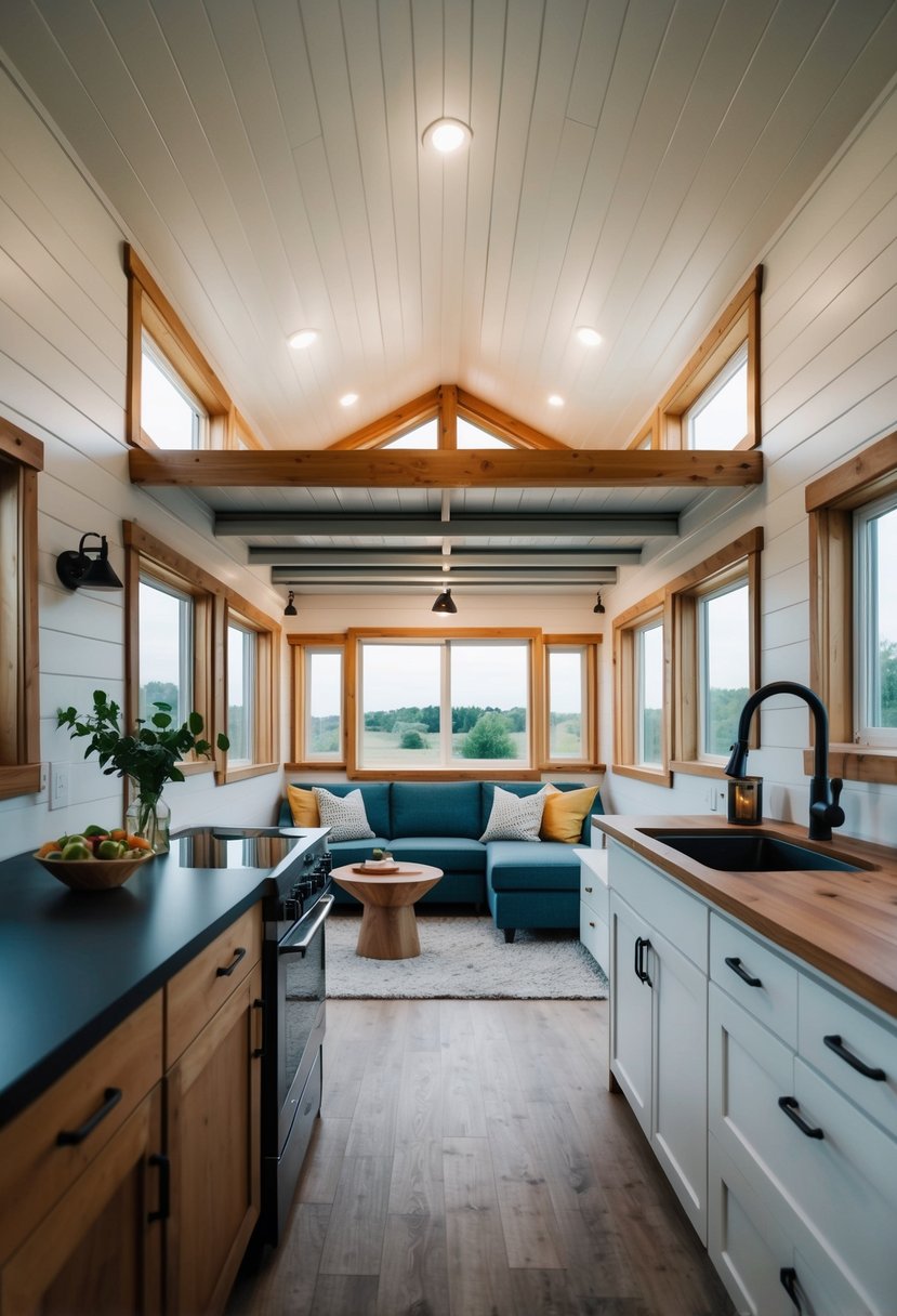 An open living space with a loft in a tiny home community