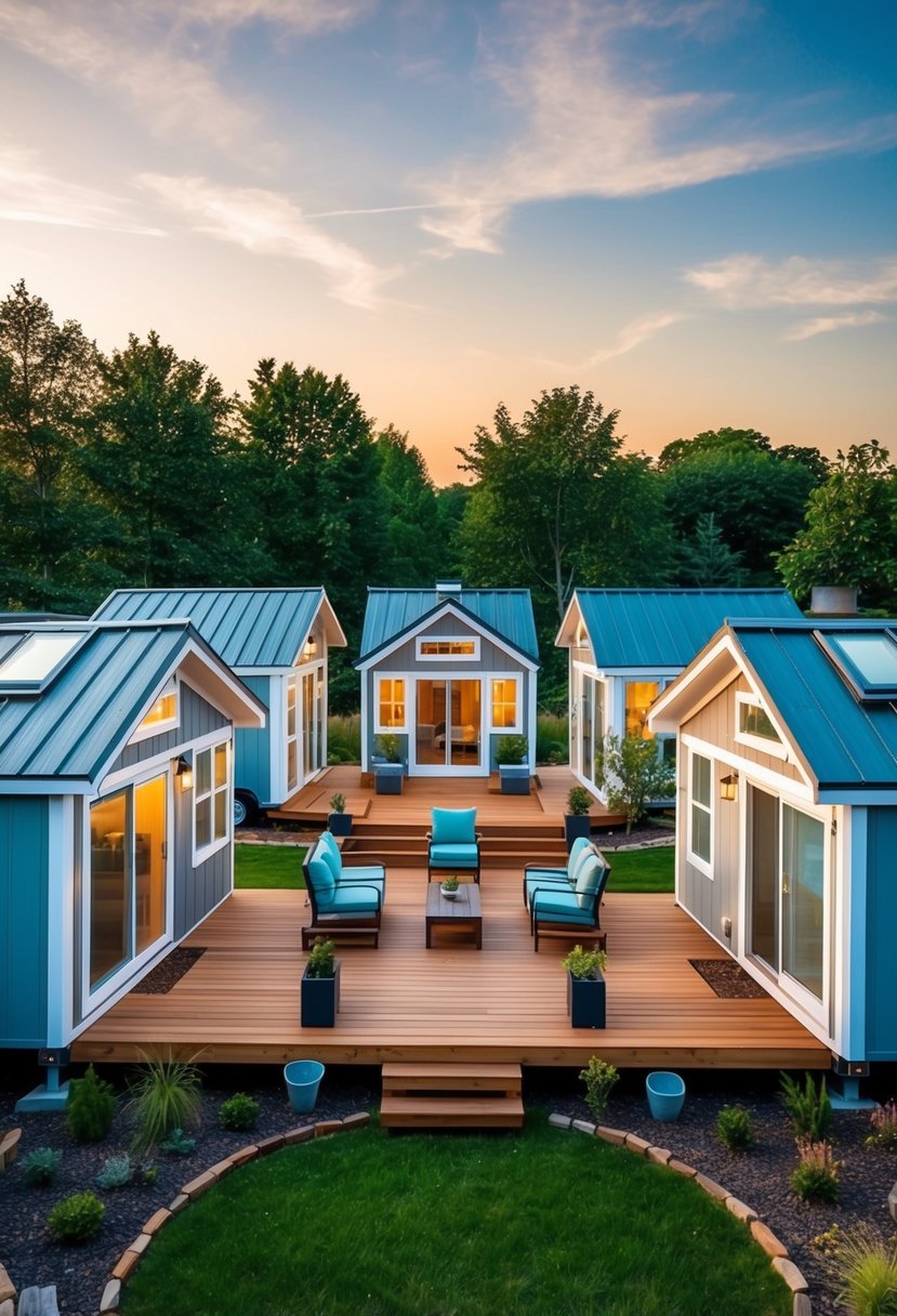 A cluster of five tiny homes arranged around a central outdoor deck, with seating, planters, and integrated landscaping for a cozy community space