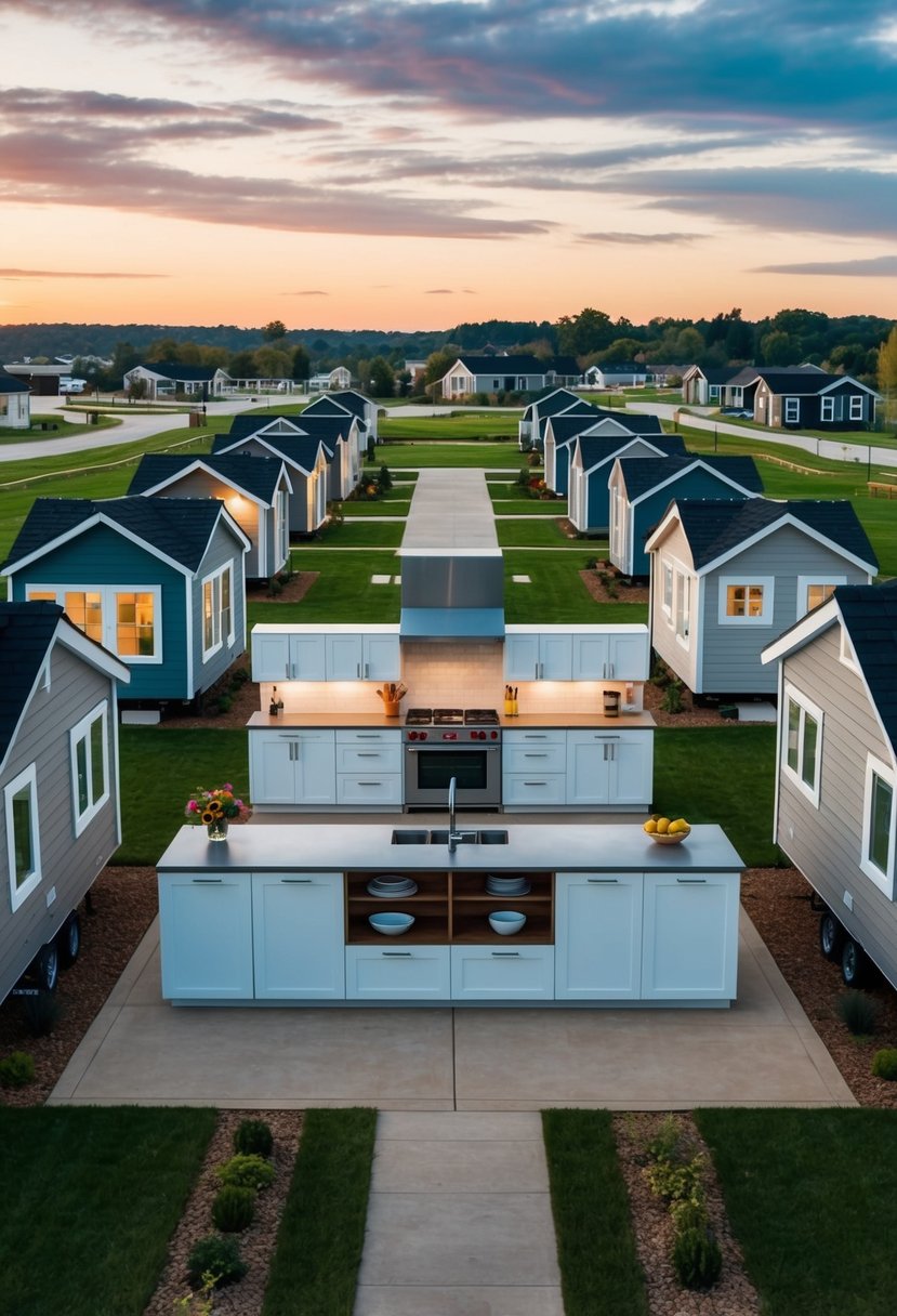 A spacious centralized kitchen with modern appliances and ample counter space, surrounded by cozy tiny homes in a community layout