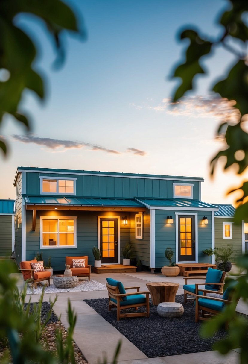 A cozy tiny home community with versatile furniture arrangements for communal spaces and individual units