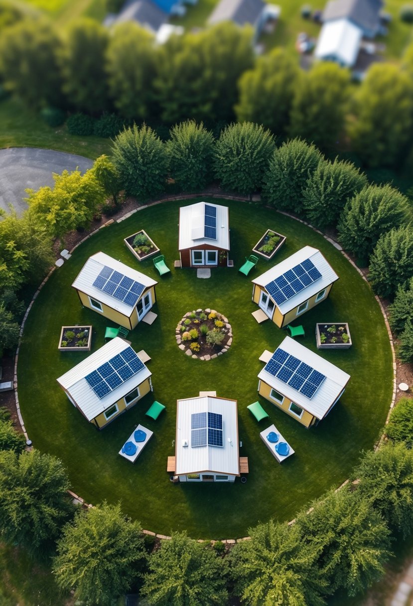 Aerial view of 5 tiny homes arranged in a circular layout, surrounded by lush greenery and solar panels, with communal gardens and recycling stations