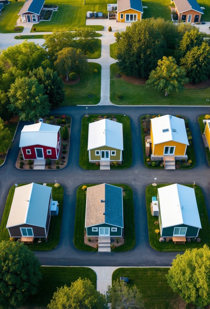 Aerial view of 5 different tiny home community layouts with varying designs and placements, surrounded by greenery and communal spaces