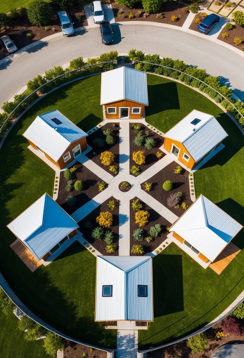 Aerial view of 5 tiny homes arranged in a circular layout with interconnected pathways, surrounded by lush landscaping and outdoor communal spaces