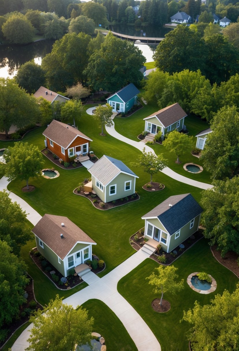 Aerial view of 5 tiny homes nestled among lush trees, winding pathways, and small water features in a tranquil community layout