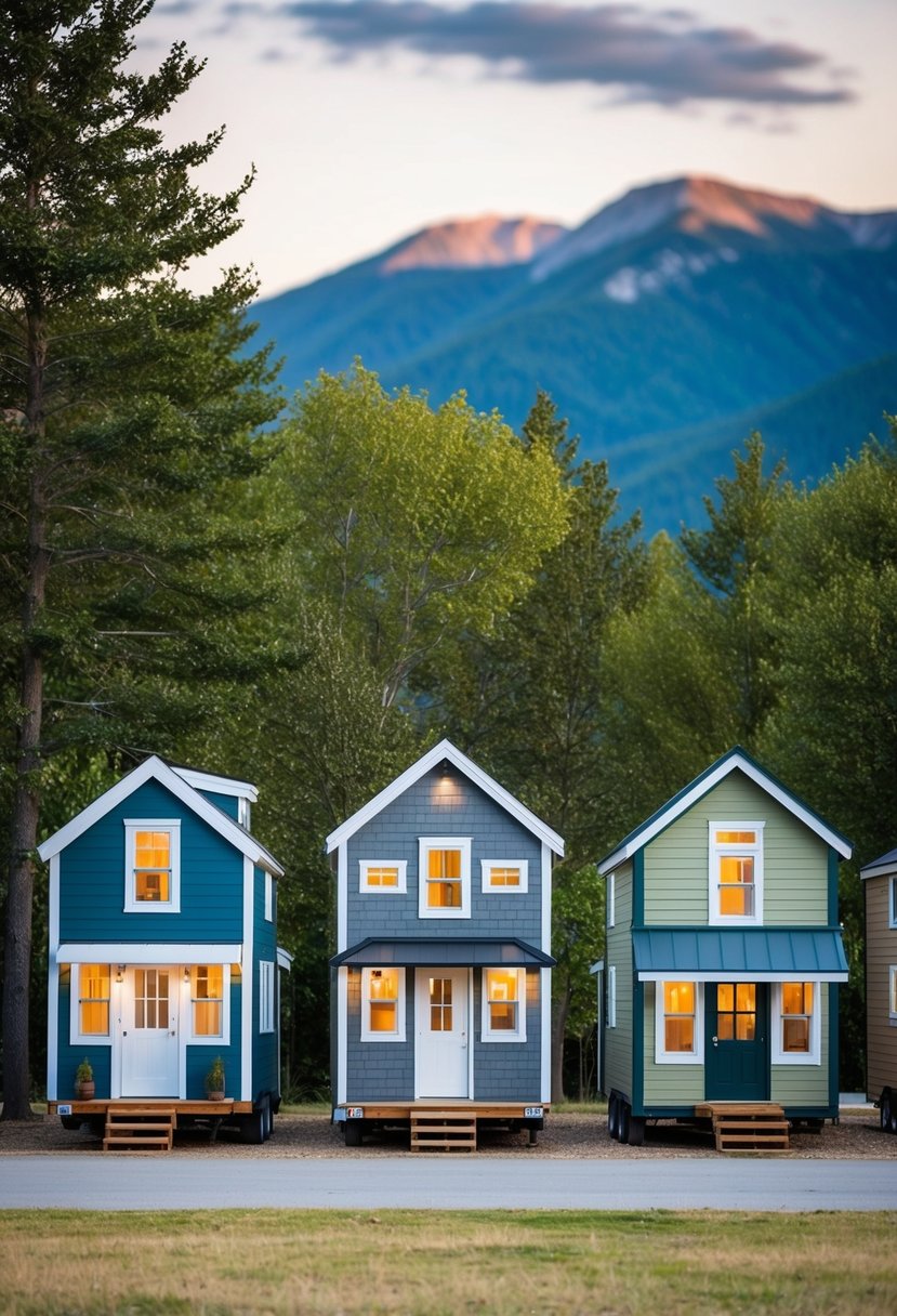 A row of 5 unique tiny homes, each with a different exterior design, nestled among trees with a mountain backdrop