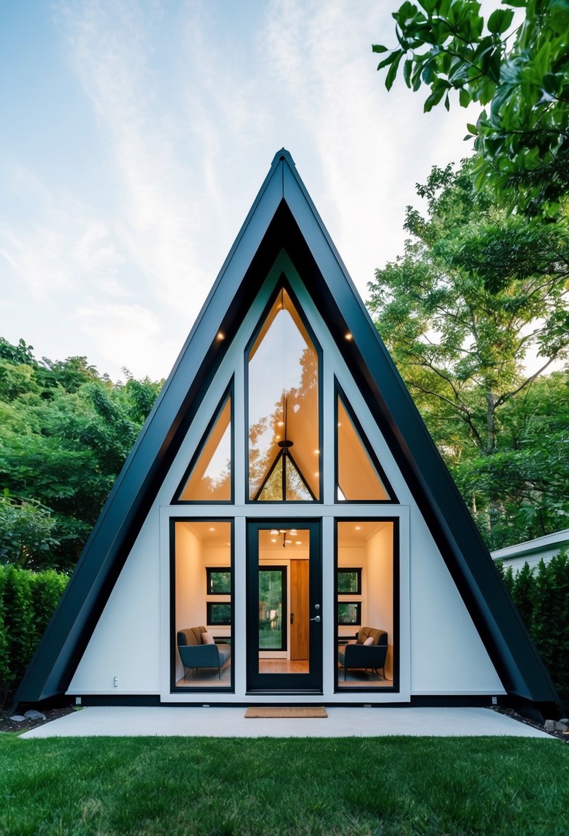 A sleek A-frame tiny home with large windows and a minimalist exterior design, surrounded by lush greenery