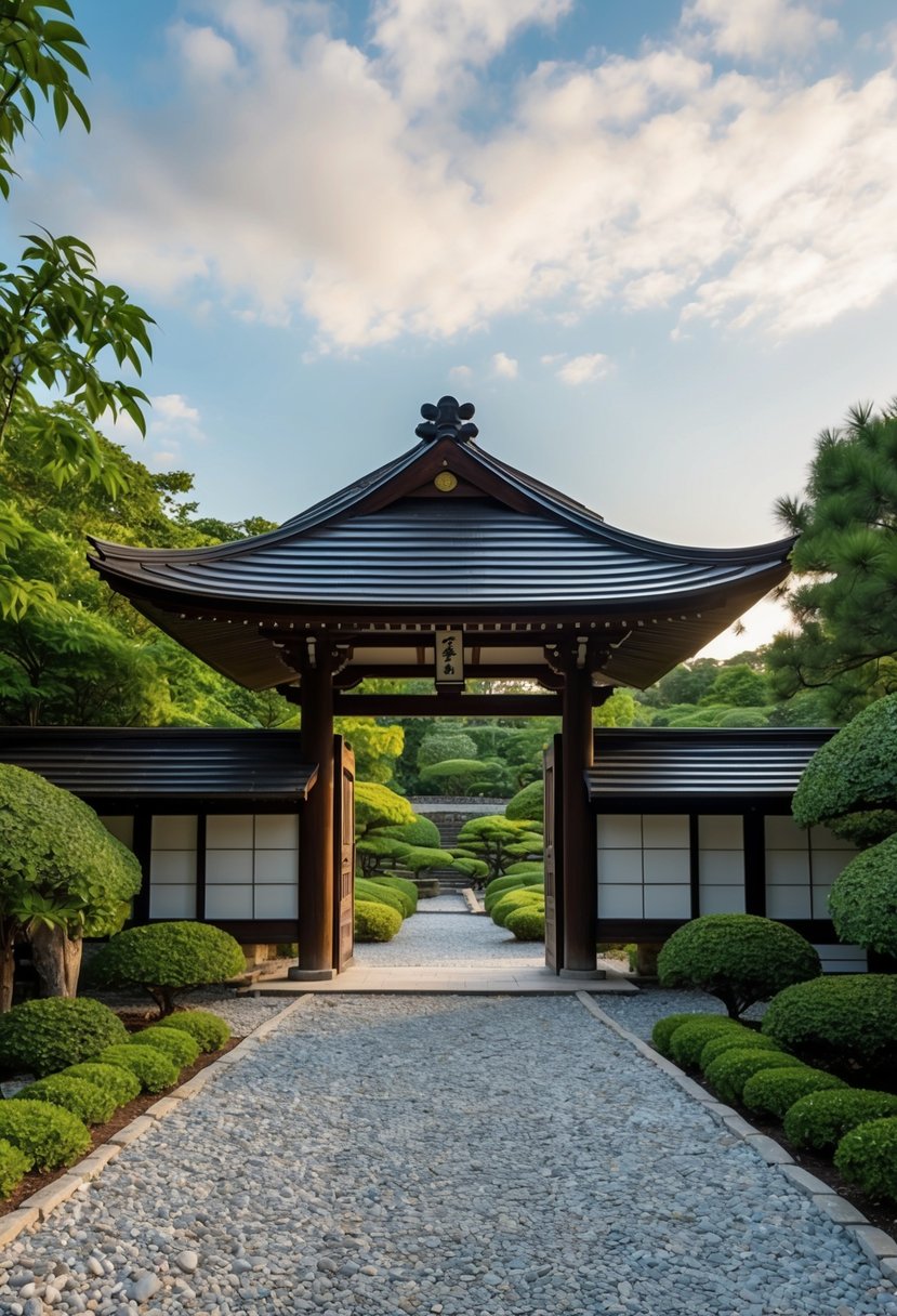 A traditional Japanese gate stands at the entrance to a serene Zen garden, surrounded by carefully raked gravel and lush greenery