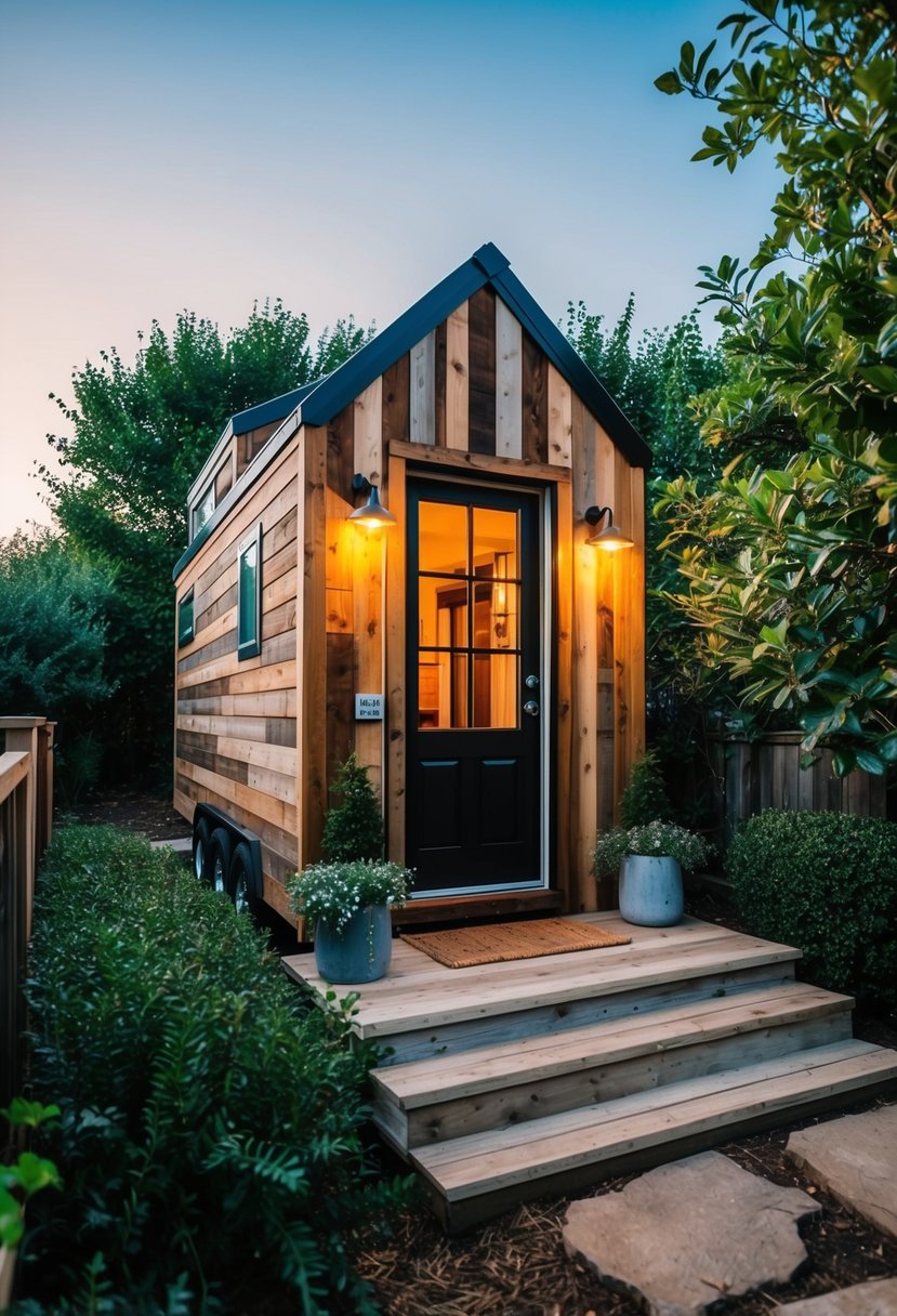 A cozy tiny home exterior with reclaimed wood paneling, surrounded by lush greenery and accented with warm lighting