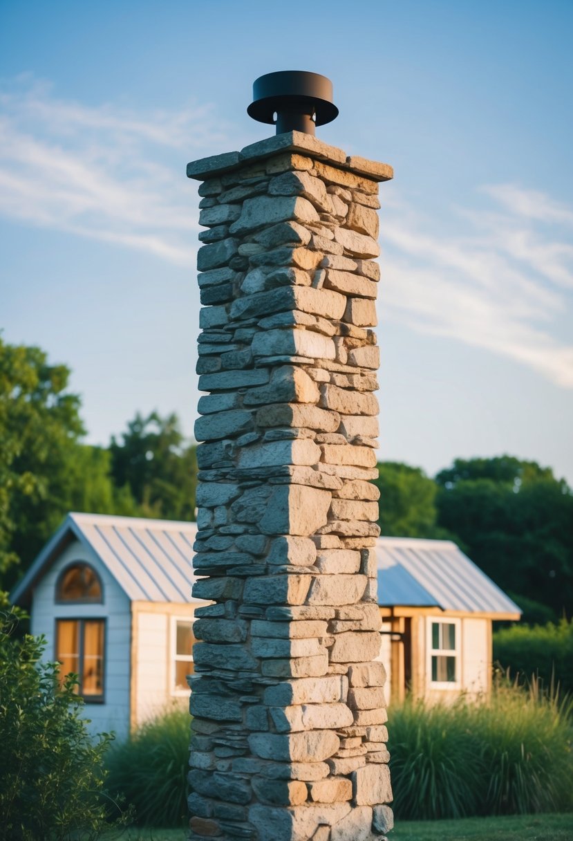 A rustic stone chimney stands tall against the backdrop of a tiny home, surrounded by lush greenery and a clear blue sky