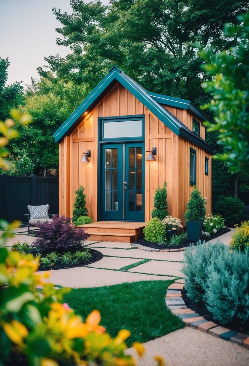 A cozy tiny home with a wooden exterior, surrounded by lush greenery and a small garden. The color palette includes earthy tones and pops of vibrant colors in the landscaping