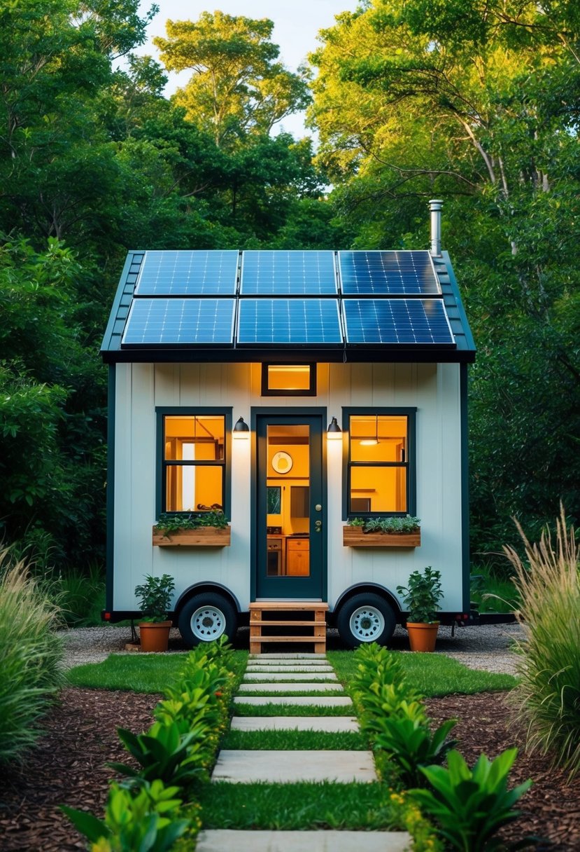 A tiny home surrounded by lush greenery, featuring solar panels, a rainwater collection system, a living roof, and recycled materials in the exterior design