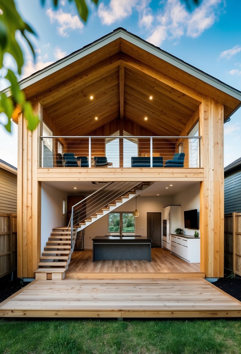 A spacious 2-story shed house interior with a floating staircase and 5 best design ideas