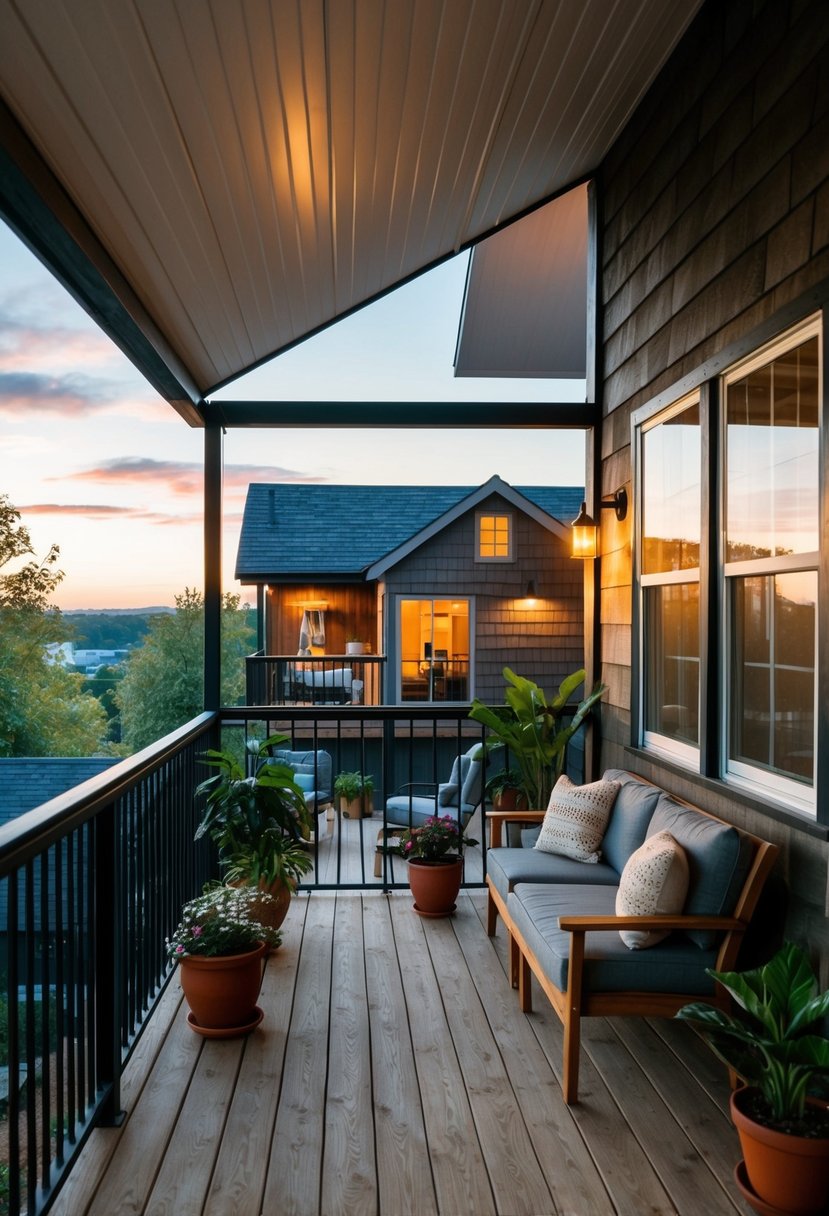 A spacious indoor balcony overlooks a two-story shed house interior, featuring cozy seating, potted plants, and warm ambient lighting