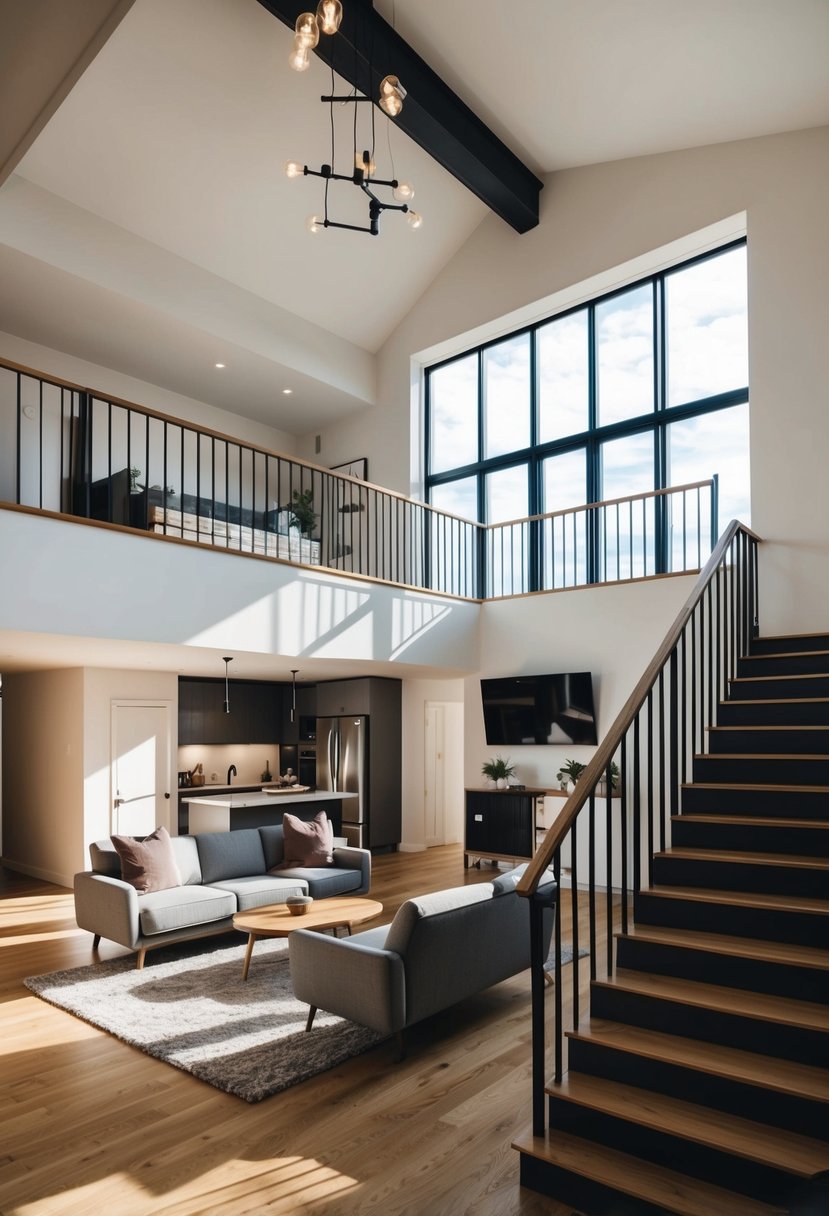 A spacious, sunlit loft with a double-height ceiling, showcasing a cozy living area, a modern kitchen, a stylish staircase, and a mezzanine bedroom