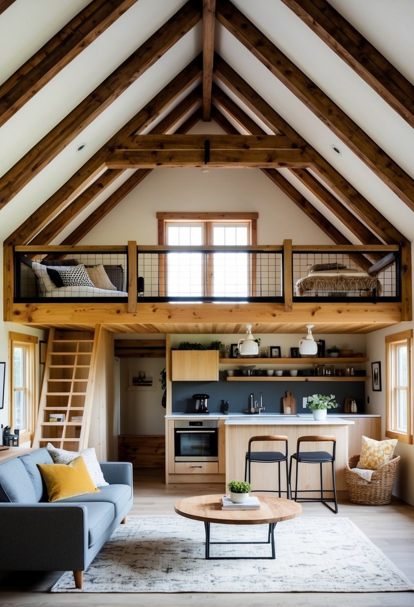 A cozy 2-story shed house interior with rustic wooden beams, featuring a spacious living area, a modern kitchen, a cozy loft, and a charming reading nook