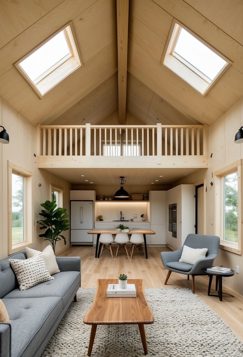 A cozy 2-story shed house interior with open floor plan, natural light, modern furniture, and minimalist decor