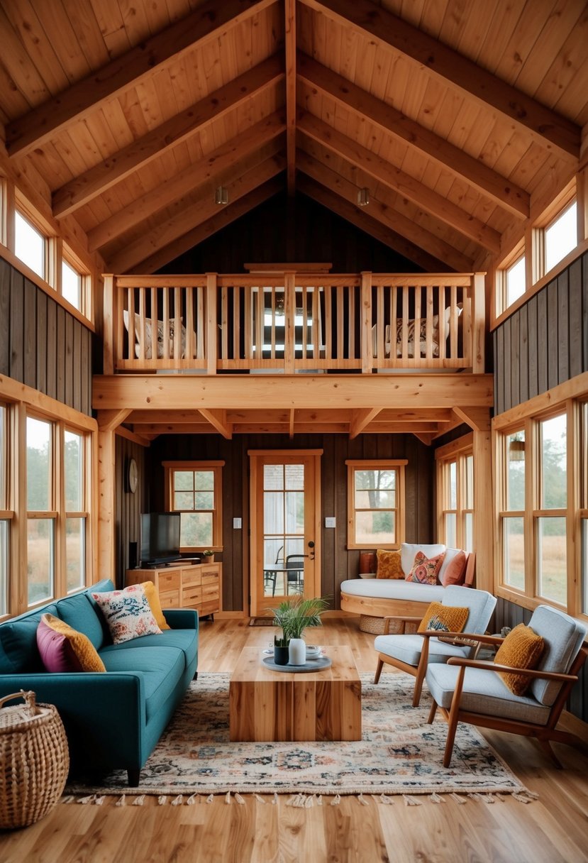 A cozy 2-story shed house interior with warm earthy tones, natural wood accents, and pops of vibrant colors in the furniture and decor