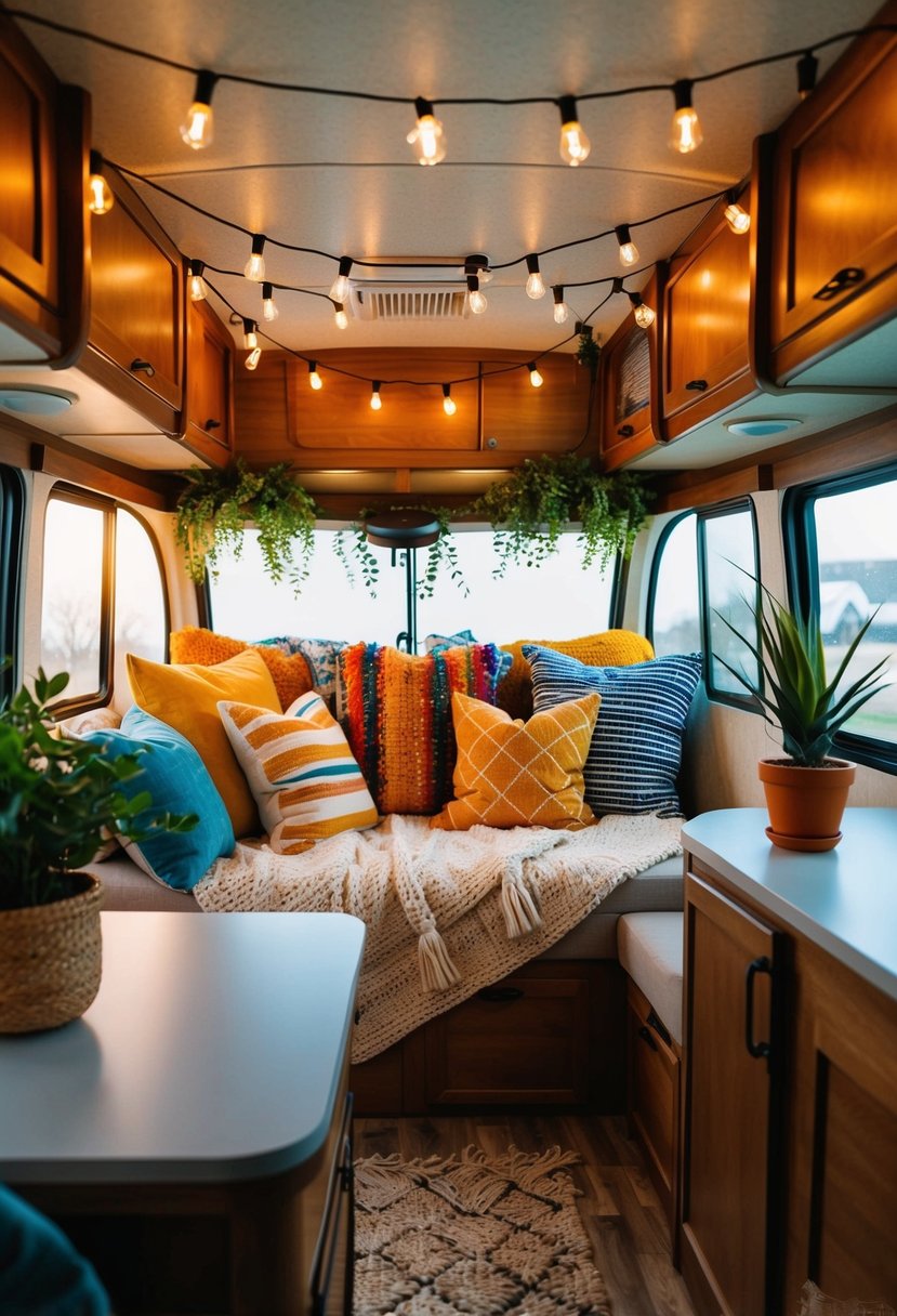 A cozy RV interior with warm string lights, potted plants, and colorful throw pillows