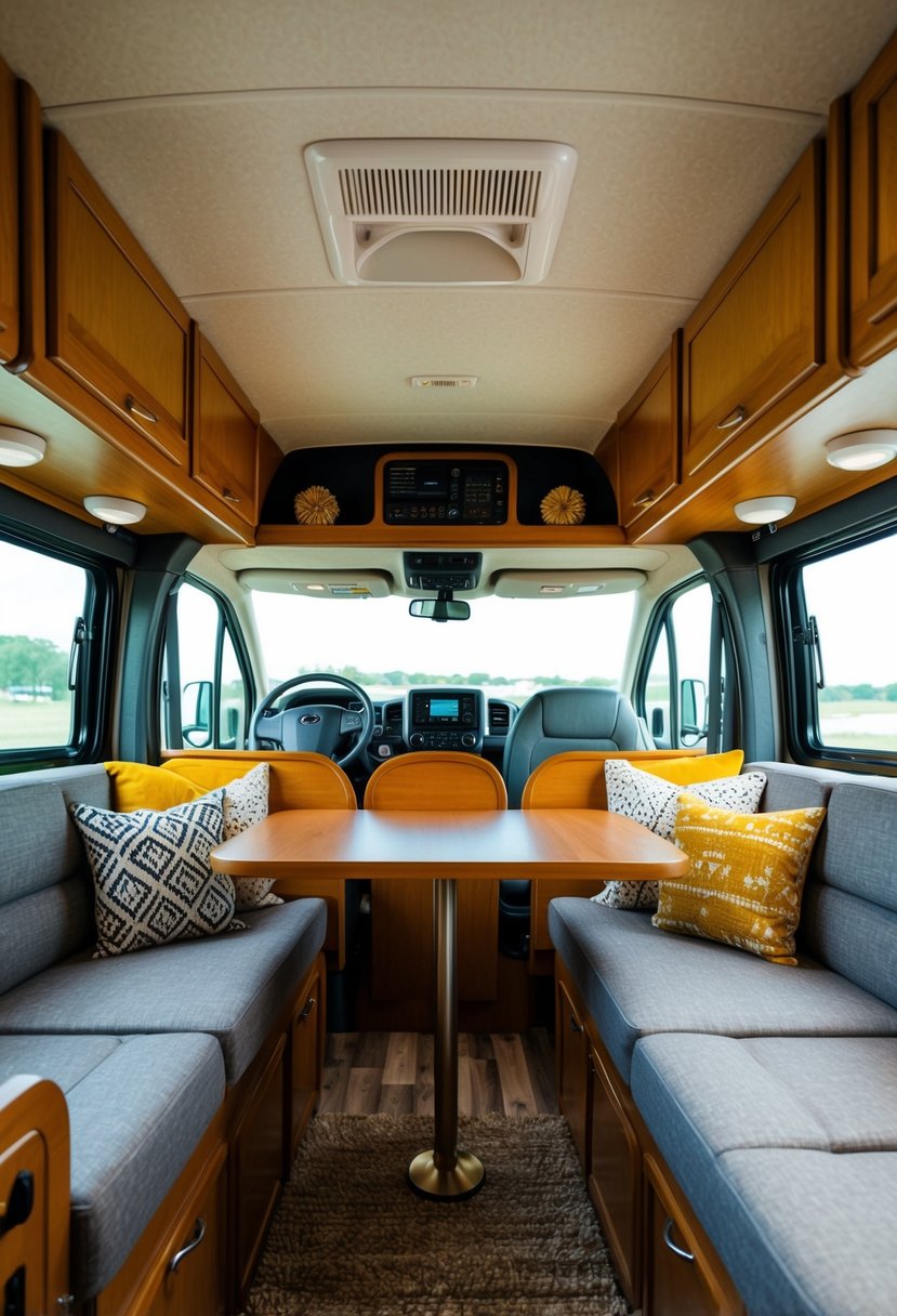 A cozy RV interior with clever storage solutions, decorative accents, and multifunctional furniture